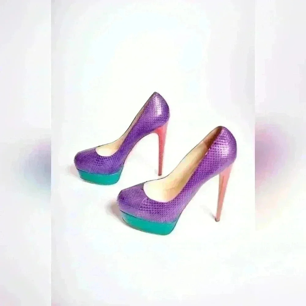 Insane BRIAN ATWOOD Purple Green Coral Watersnake Miami 6" Pumps 38/39 Italy - Picture 4 of 6